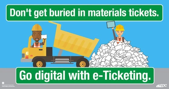 An infographic showing an illustrated construction worker in a yellow truck dumping materials tickets into a big pile on top of another illustrated construction worker.